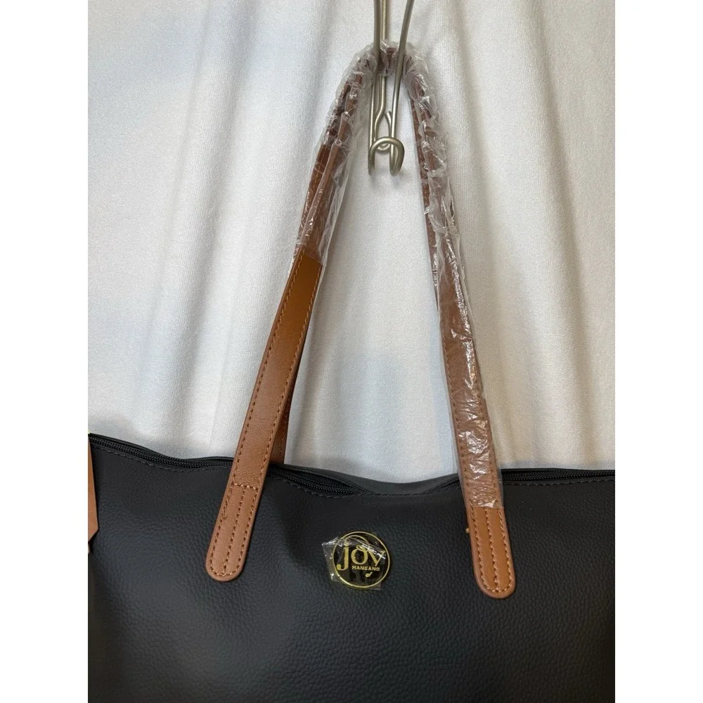 NWT Joy Mangano Genuine leather tote bag RFID Secure Black Brown Travel Commute